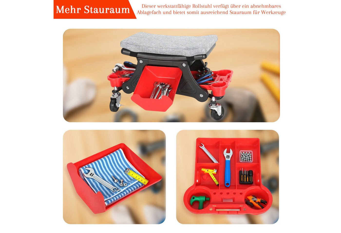 Clanmacy Werkstattwagen Rollhocker, 185 kg Belastbar Werkstatt Rollsitz Montagehocker, max. Traglast:185 kg, (werkstatt hocker) – Bild 5 von 5
