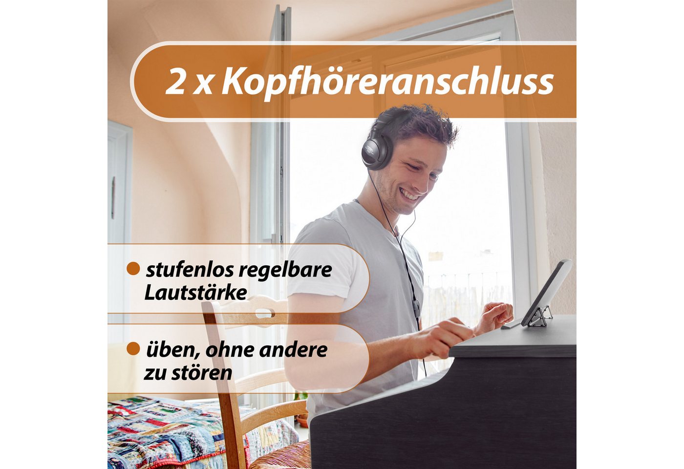 Classic Cantabile Digitalpiano DP-50 E-Piano Set mit 88 Tasten Hammermechanik (Spar-Set, inkl. Klavierbank, Kopfhörer & Schule), Klavier, Layer-, Split-, Twin-P – Bild 3 von 5
