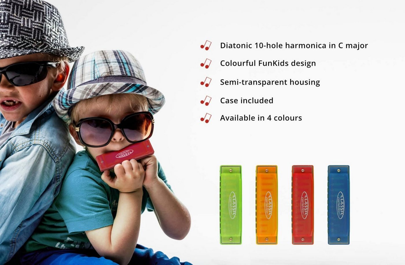 Classic Cantabile Mundharmonika FunKids Blues Harmonica ideal für Kinder, C-Dur C, diatonisch, inkl. Kunststoff-Etui, 20 Stimmzungen aus Phosphorbronze – Bild 4 von 5