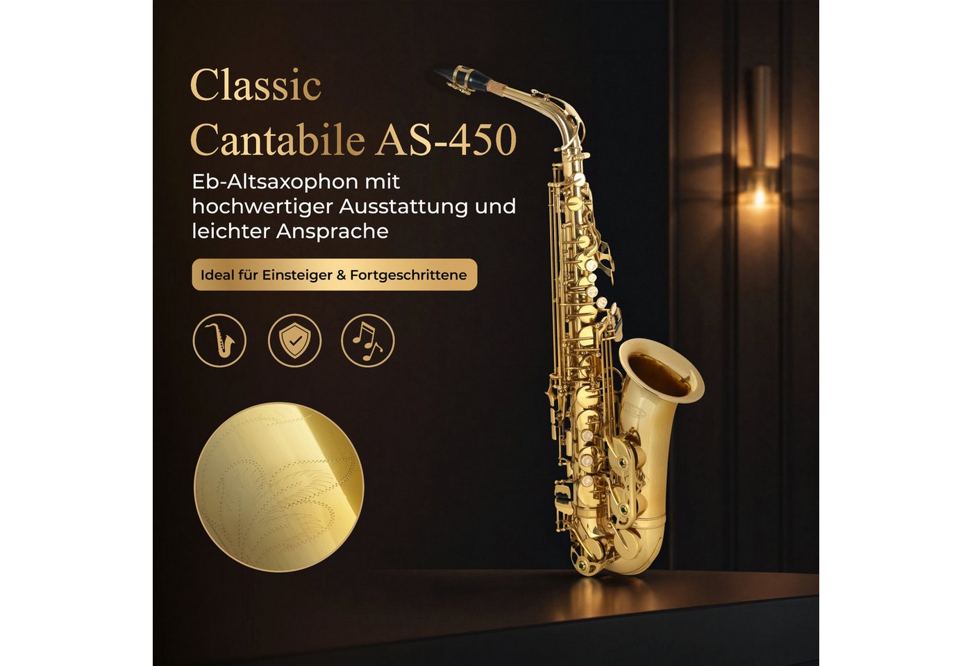 Classic Cantabile Saxophon Alt Saxophon, Alto Sax Spar-Set, 9-St., Set mit Koffer und Zubehör, Altsaxophon mit Hoch-Fis-Klappen – Bild 2 von 5