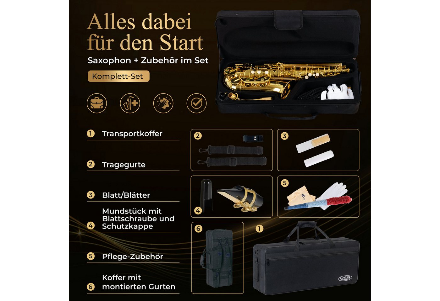 Classic Cantabile Saxophon Alt Saxophon, Alto Sax Spar-Set, 9-St., Set mit Koffer und Zubehör, Altsaxophon mit Hoch-Fis-Klappen – Bild 5 von 5