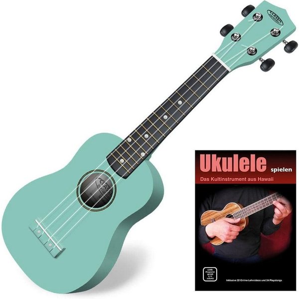 Classic Cantabile Ukulele Sopranukulele (Ukulele, Uke, 15 Bünde, leichtgängige Gitarrenmechanik), Spar-Set inklusive Ukulele-Schule