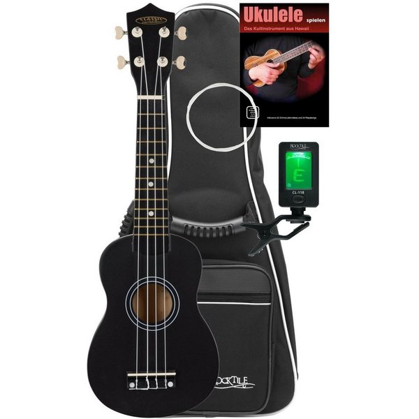 Classic Cantabile Ukulele US-50, Sopranukulele, Starter-Set, inkl. Tasche, Stimmgerät, Ersatzsaiten und Schule, Ukulele mit 12 Bünden