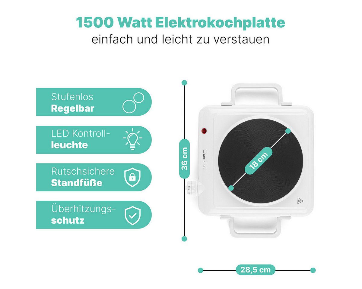 CLATRONIC Einzelkochplatte EKP 3582, für Camping, Küche, Büro, 1500W, Ø ca. 180 mm – Bild 2 von 5