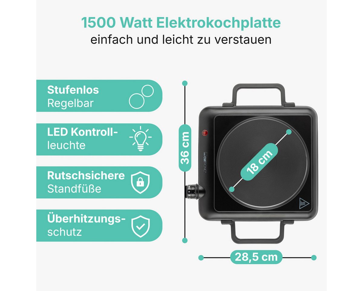 CLATRONIC Einzelkochplatte EKP 3582, für Camping, Küche, Büro, 1500W, Ø ca. 180 mm – Bild 2 von 5