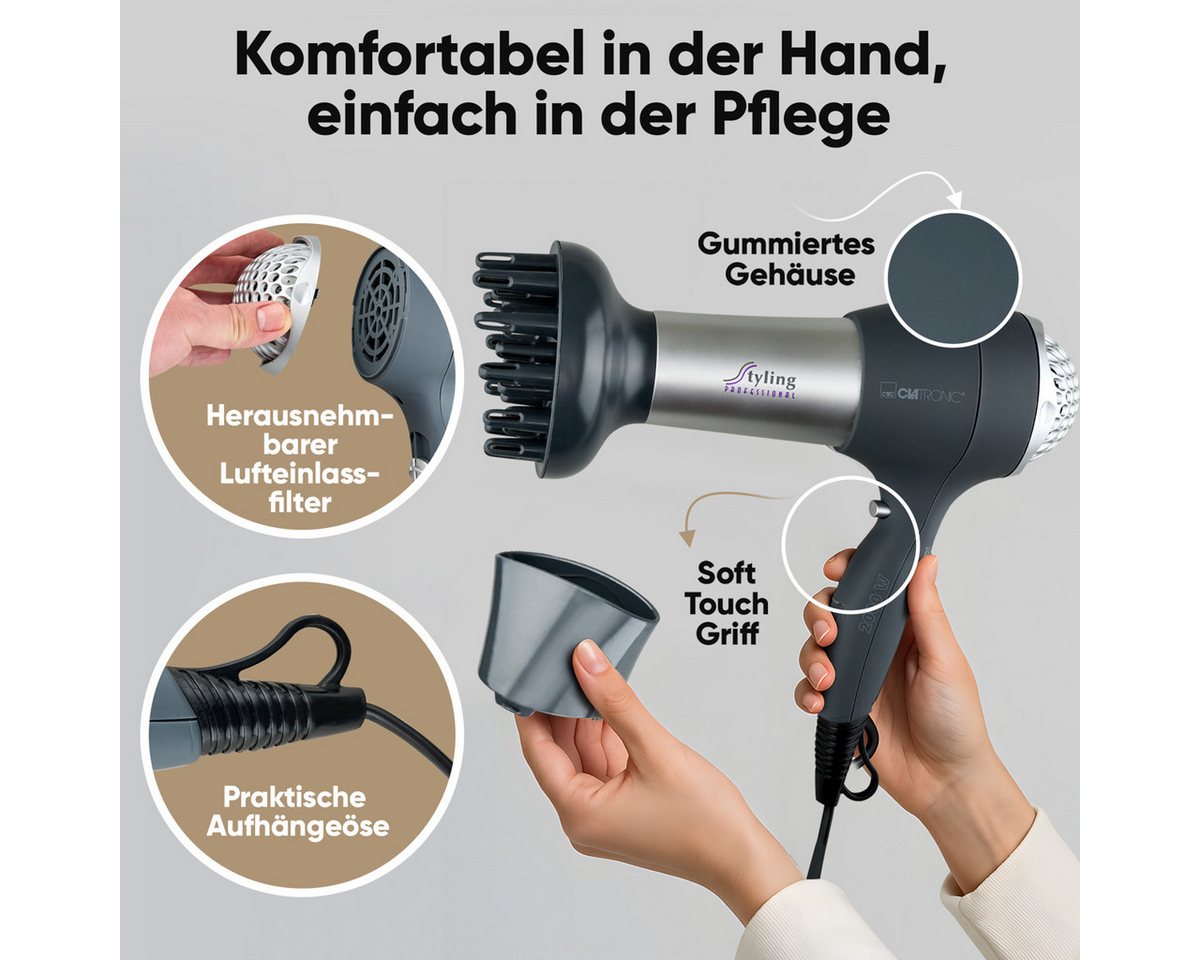 CLATRONIC Haartrockner HTD 3055, Haartrockner mit Diffusor und Formdüse, 2000W – Bild 4 von 5