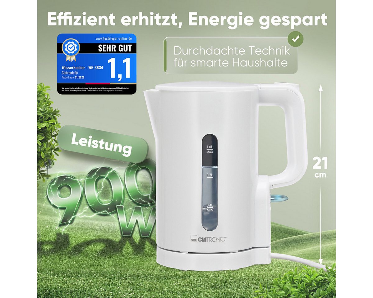 CLATRONIC Wasserkocher WK 3834, Wasserkocher 1L, 900W, Einhandbedienung – Bild 2 von 5