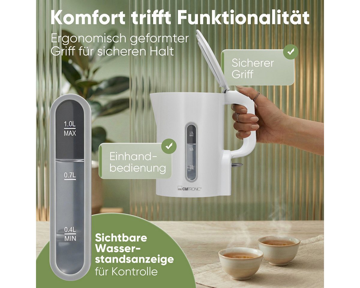 CLATRONIC Wasserkocher WK 3834, Wasserkocher 1L, 900W, Einhandbedienung – Bild 4 von 5