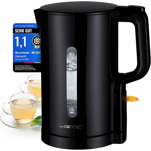 CLATRONIC Wasserkocher WK 3835, Wasserkocher 1,7L, 2200W, Einhandbedienung