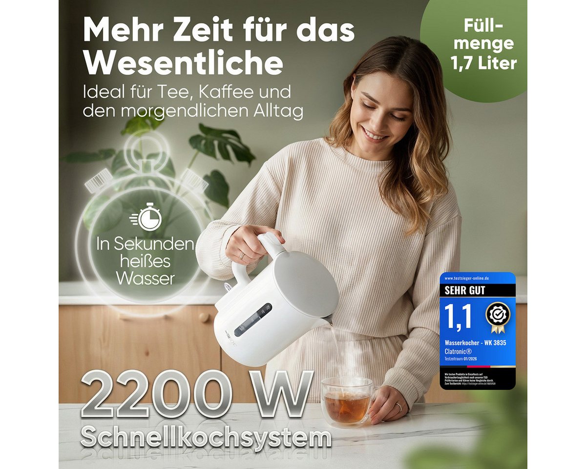 CLATRONIC Wasserkocher WK 3835, Wasserkocher 1,7L, 2200W, Einhandbedienung – Bild 2 von 5