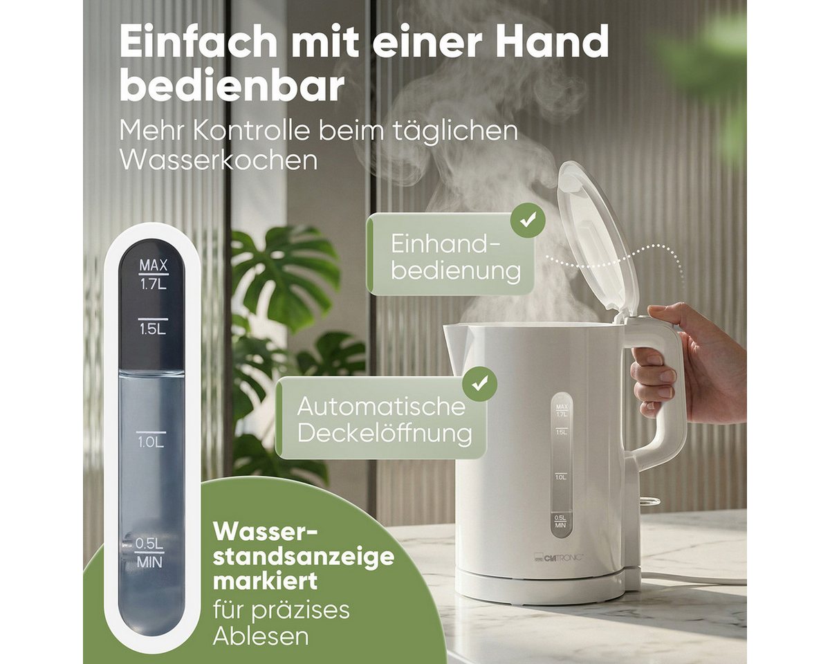 CLATRONIC Wasserkocher WK 3835, Wasserkocher 1,7L, 2200W, Einhandbedienung – Bild 3 von 5