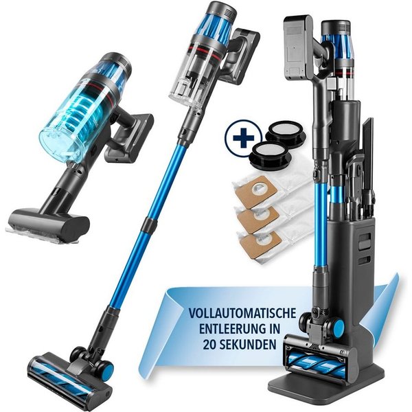 CLEANmaxx Zyklon Hybrid Staubsauger Akku-Zyklon-Staubsauger Deluxe 29,6V grau/blau, 500 W, beutellos, automatische Staubentleerung 3,5L Beutel 60.min Laufzeit H
