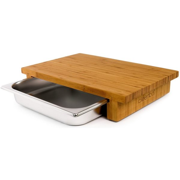 cleenbo Schneidebrett mit Auffangschale - Profi Holz Küchenbrett aus Bambus- 43 x 29 x 7,5cm, Holz, Antibakterielles Holzbrett mit Auffangschale aus Edelstahl