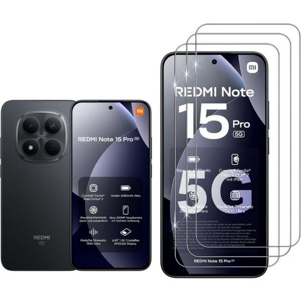 CLM-Tech Displayschutzglas 3X für Xiaomi Redmi Note 15 Pro 5G 6,83 Zoll, (Nicht 4G) Panzerglas Folie - Blasenfreie Anbringung und kratzfest -, 3 Stück, Anti-Fin