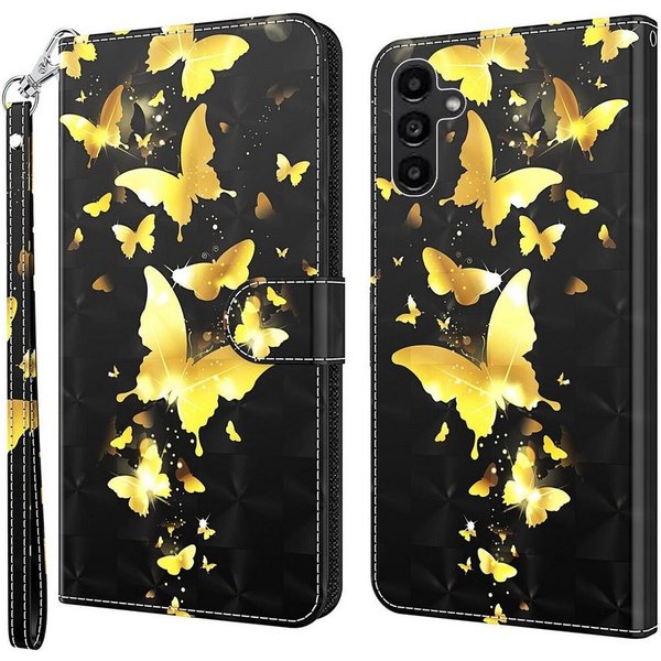 CLM-Tech Handytasche für Samsung Galaxy A15 5G Hülle Tasche aus Kunstleder Klapphülle (Schmetterlinge gold schwarz, Handyhülle Wallet Flip Case Cover Etui), Sch