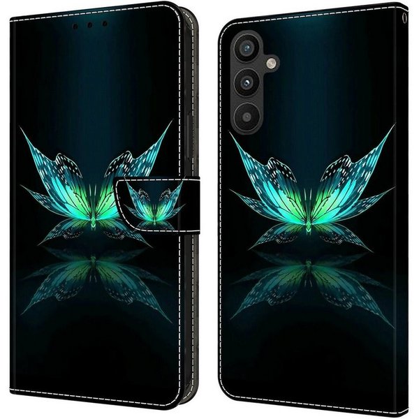 CLM-Tech Handytasche für Samsung Galaxy A16 / A17 / A18 4G / 5G Klapphülle (schwarz türkiser Schmetterling, 1-tlg., Handyhülle mit Standfunktion - Wallet Flip C