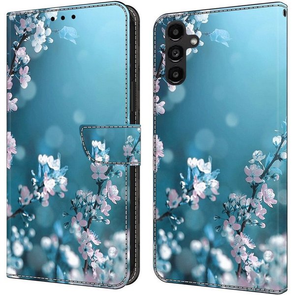 CLM-Tech Handytasche für Samsung Galaxy A55 5G Hülle - Tasche aus Kunstleder Klapphülle (Pflaumenblüte blau, Handyhülle mit Standfunktion - Wallet Flip Case ink