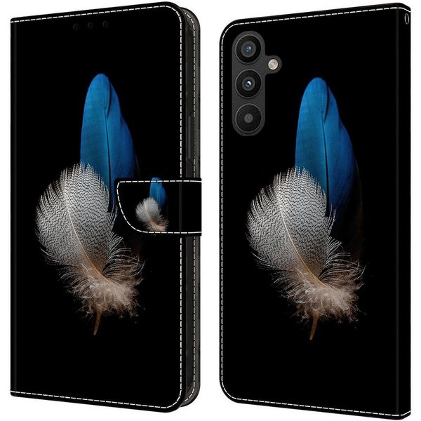CLM-Tech Handytasche für Samsung Galaxy A57 5G Klapphülle aus PU Leder (zwei Federn blau und weiß, 1-tlg., Flip Case), Magnetverschluss, Standfunktion und Karte