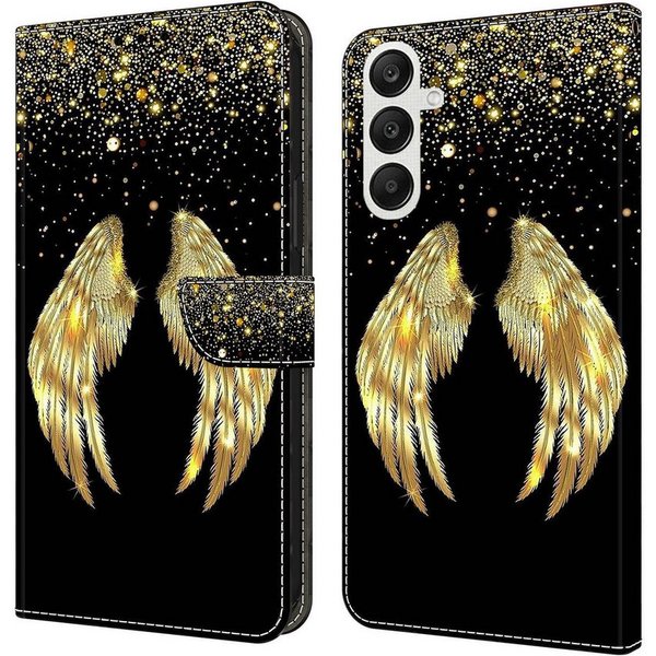 CLM-Tech Handytasche für Samsung Galaxy A57 5G Klapphülle aus PU Leder (goldene Flügel, 1-tlg., Flip Case), Magnetverschluss, Standfunktion und Kartenfächer
