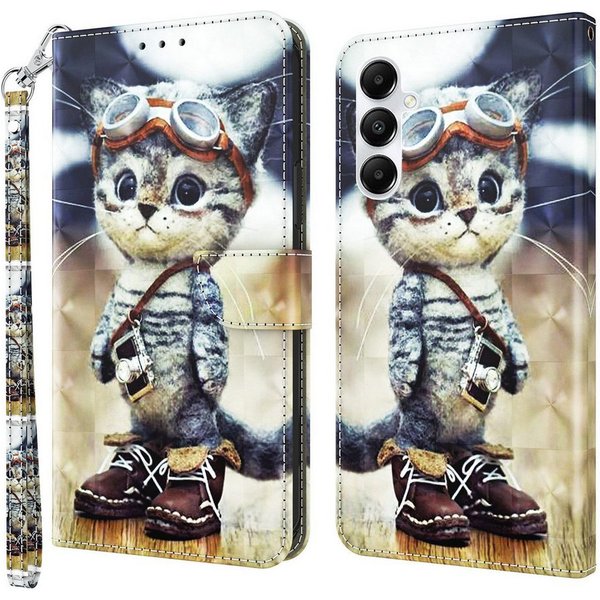 CLM-Tech Handytasche für Samsung Galaxy A57 5G Klapphülle aus PU Leder (Pilot Katze, 1-tlg., Flip Case), Magnetverschluss, Standfunktion und Kartenfächer