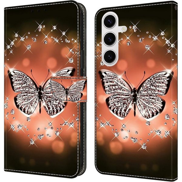 CLM-Tech Handytasche für Samsung Galaxy S26 6,3 Zoll PU-Leder Klapphülle (Schmetterling Diamanten Muster, 1-tlg., Flip Case), Cover mit Magnetverschluss