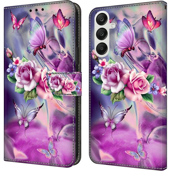 CLM-Tech Handytasche für Samsung Galaxy S26 6,3 Zoll PU-Leder Klapphülle (lila Blumen Schmetterlinge, 1-tlg., Flip Case), Magnetverschluss, Kartenfächer und Sta