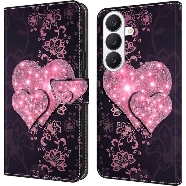 CLM-Tech Handytasche für Samsung Galaxy S26 PU-Leder Klapphülle (rosa Herzen, 1-tlg., Flip Case), Magnetverschluss, Kartenfächer und Standfunktion
