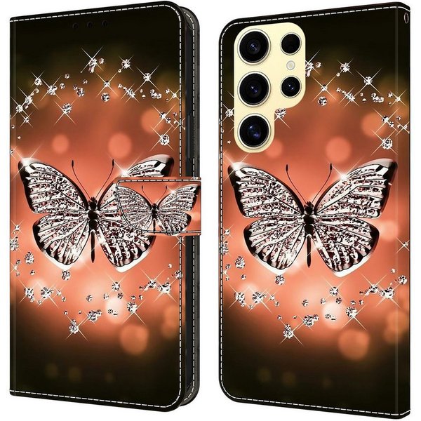 CLM-Tech Handytasche für Samsung Galaxy S26 Ultra Klapphülle aus PU-Leder (Schmetterling Diamanten Muster, 1-tlg., Flip Case), Magnetverschluss, Standfunktion u
