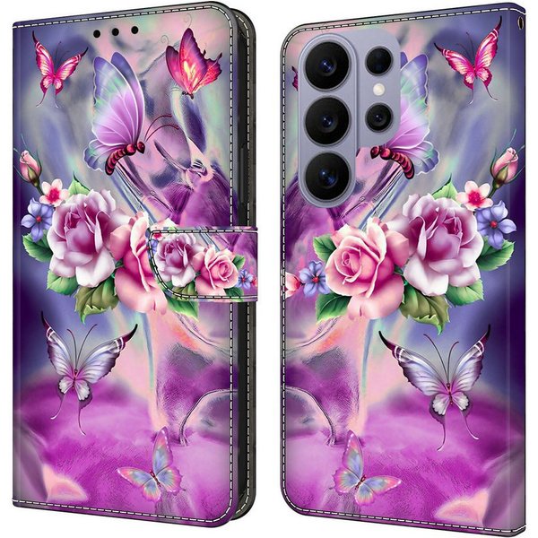 CLM-Tech Handytasche für Samsung Galaxy S26 Ultra Klapphülle aus PU-Leder (lila Blumen Schmetterlinge, 1-tlg., Flip Case), Magnetverschluss, Standfunktion und K