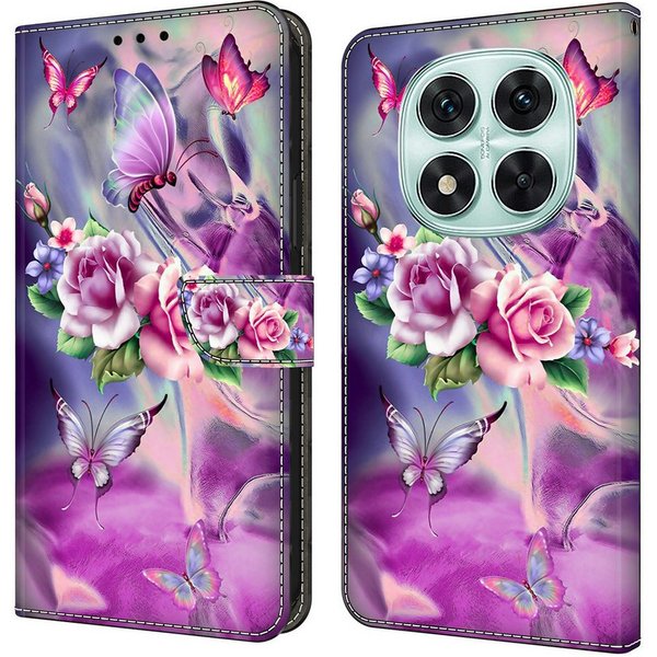 CLM-Tech Handytasche für Xiaomi Redmi Note 14 PRO 5G Hülle aus PU-Leder Klapphülle (lila Blumen Schmetterlinge, Handyhülle mit Standfunktion - Wallet Flip Case 