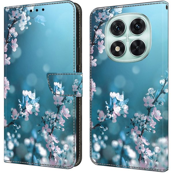 CLM-Tech Handytasche für Xiaomi Redmi Note 14 PRO 5G Hülle aus PU-Leder Klapphülle (Pflaumenblüte blau, Handyhülle mit Standfunktion - Wallet Flip Case inklusiv