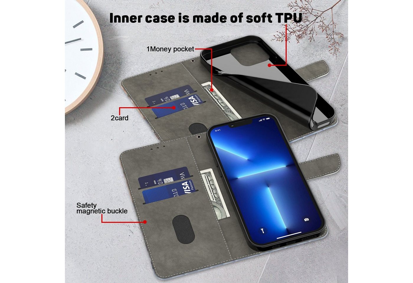 CLM-Tech Handytasche für Xiaomi Redmi Note 15 5G Klapphülle aus PU Leder (schwarzer Panther Augen, 1-tlg., Flip Case), Magnetverschluss, Standfunktion und Karte – Bild 4 von 5