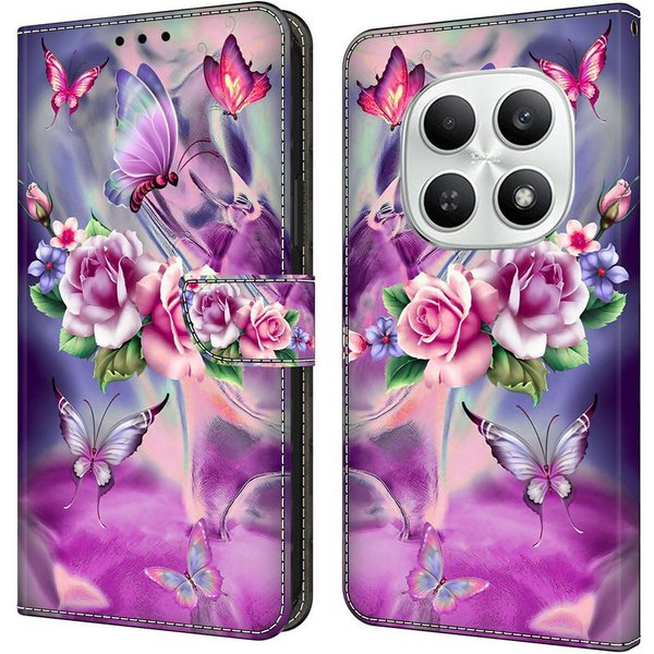 CLM-Tech Handytasche für Xiaomi Redmi Note 15 5G Klapphülle aus PU Leder (lila Blumen Schmetterlinge, 1-tlg., Flip Case), Magnetverschluss, Standfunktion und Ka
