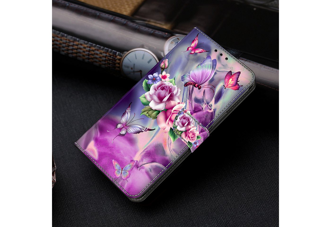 CLM-Tech Handytasche für Xiaomi Redmi Note 15 5G Klapphülle aus PU Leder (lila Blumen Schmetterlinge, 1-tlg., Flip Case), Magnetverschluss, Standfunktion und Ka – Bild 2 von 5