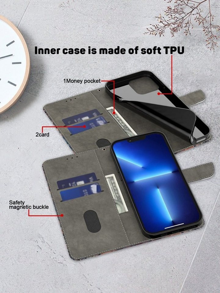 CLM-Tech Handytasche für Xiaomi Redmi Note 15 5G Klapphülle aus PU Leder (lila Blumen Schmetterlinge, 1-tlg., Flip Case), Magnetverschluss, Standfunktion und Ka – Bild 4 von 5