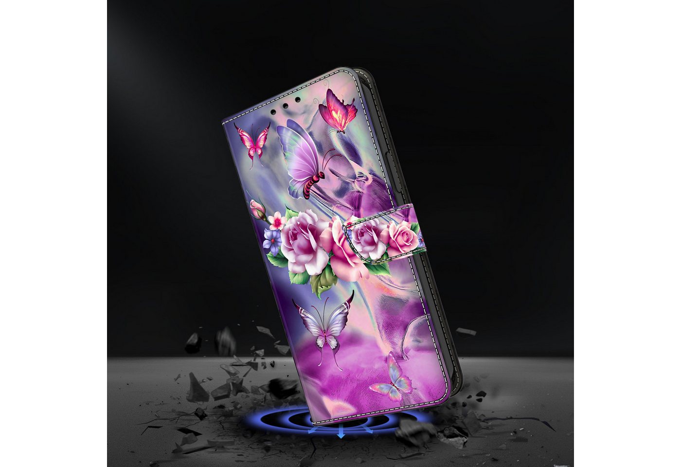 CLM-Tech Handytasche für Xiaomi Redmi Note 15 5G Klapphülle aus PU Leder (lila Blumen Schmetterlinge, 1-tlg., Flip Case), Magnetverschluss, Standfunktion und Ka – Bild 5 von 5