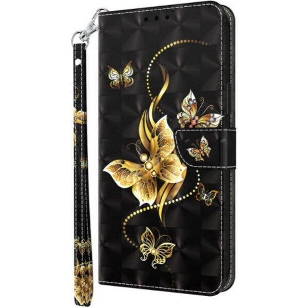 CLM-Tech Handytasche für Xiaomi Redmi Note 15 5G Klapphülle aus PU Leder (goldene Schmetterlinge schwarz, 1-tlg., Flip Case), Magnetverschluss, Standfunktion un