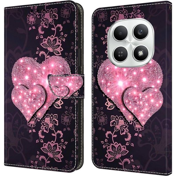 CLM-Tech Handytasche für Xiaomi Redmi Note 15 5G Klapphülle aus PU Leder (rosa Herzen, 1-tlg., Flip Case), Magnetverschluss, Standfunktion und Kartenfächer