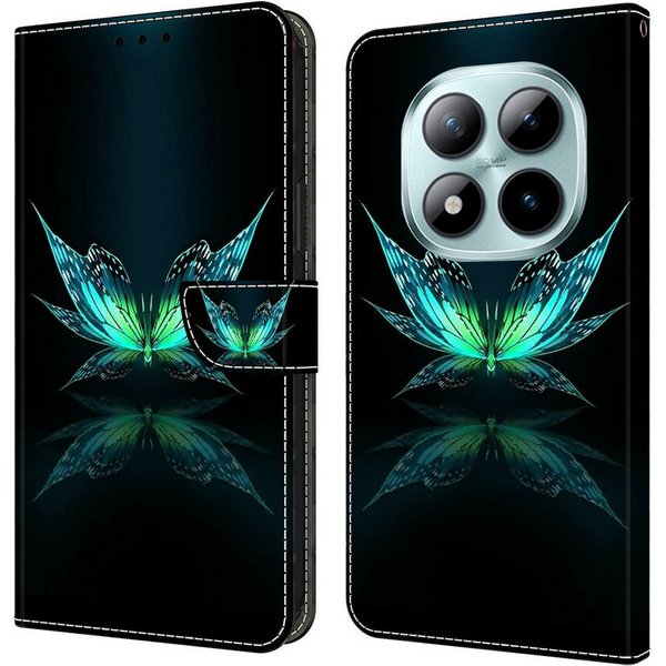 CLM-Tech Handytasche für Xiaomi Redmi Note 15 Pro 5G 6,83 Zoll Klapphülle aus PU-Leder (schwarz türkiser Schmetterling, 1-tlg., Flip Case), Magnetverschluss, St