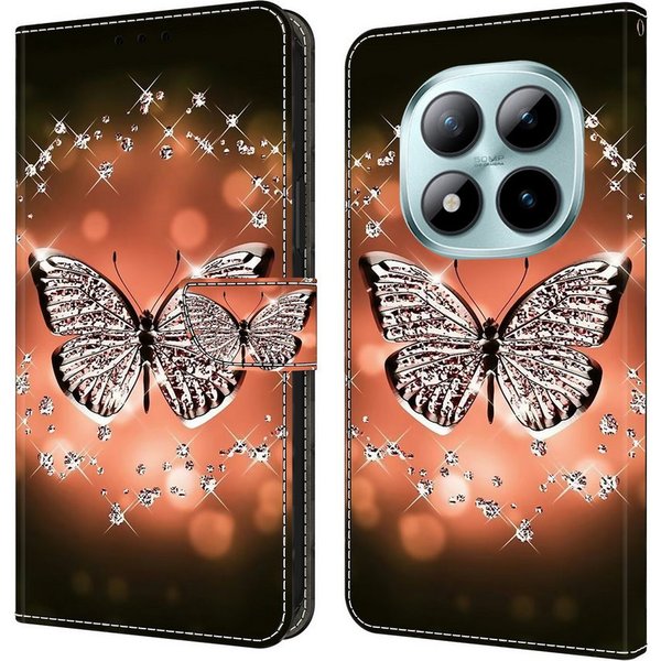 CLM-Tech Handytasche für Xiaomi Redmi Note 15 Pro 5G 6,83 Zoll Klapphülle aus PU Leder (Schmetterling Diamanten Muster, 1-tlg., Flip Case), Magnetverschluss, St