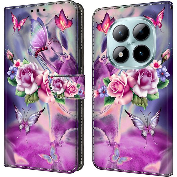 CLM-Tech Handytasche für Xiaomi Redmi Note 15 Pro 5G 6,83 Zoll Klapphülle aus PU Leder (lila Blumen Schmetterlinge, 1-tlg., Flip Case), Magnetverschluss, Standf