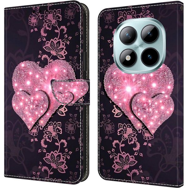CLM-Tech Handytasche für Xiaomi Redmi Note 15 Pro 5G 6,83 Zoll Klapphülle aus PU Leder (rosa Herzen, 1-tlg., Flip Case), Magnetverschluss, Standfunktion und Kar