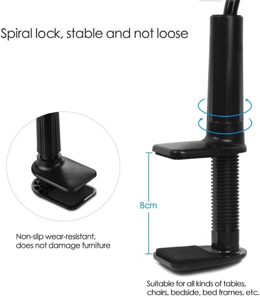 CLM-Tech Schwanenhals Tablet Halterung Bett - Smartphone Halter Tisch langer Arm -, (bis 11,00 Zoll, Geräte - iPad Betthalterung - Schwarz, 2-tlg., Flexible Kin – Bild 4 von 5