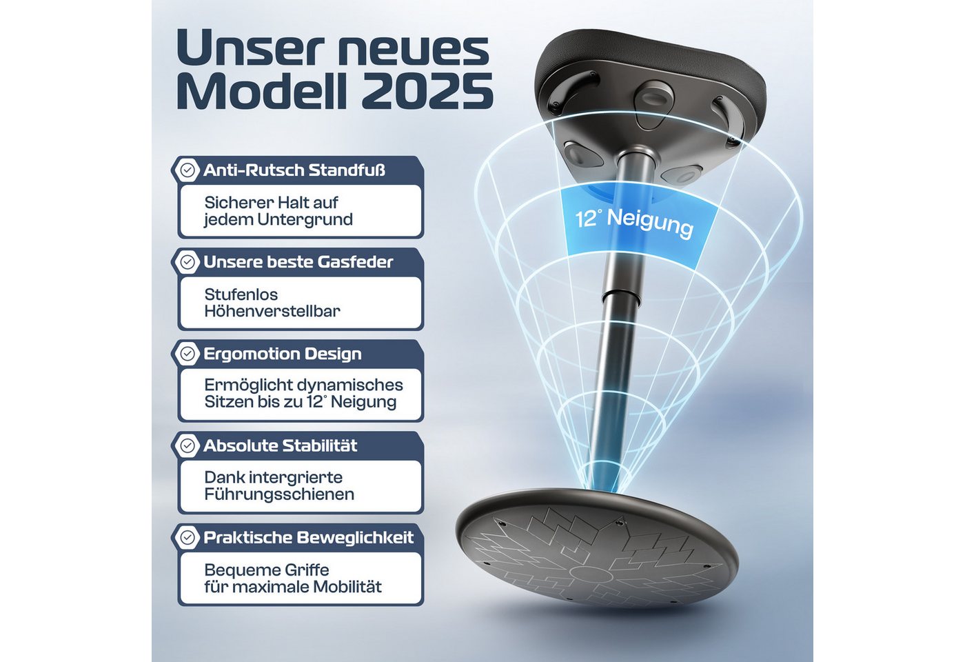 CLOUVOU Arbeitshocker Nexus Bürohocker - Ergonomischer Hocker Büro -, höhenverstellbar 47cm bis 64cm - Wackelhocker zur Stärkung des Rückens – Bild 3 von 5