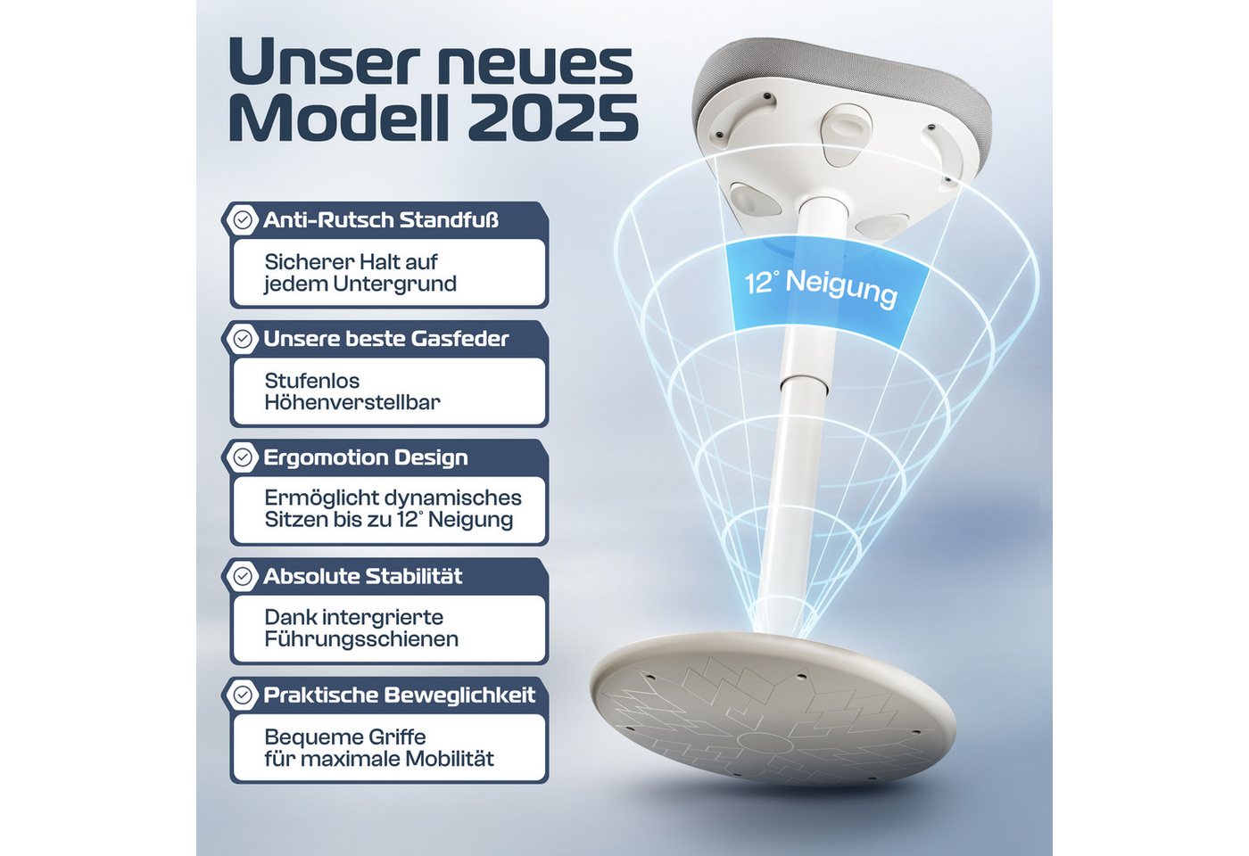 CLOUVOU Arbeitshocker Nexus Bürohocker - Ergonomischer Hocker Büro -, höhenverstellbar 57cm bis 82cm - Wackelhocker zur Stärkung des Rückens – Bild 3 von 5