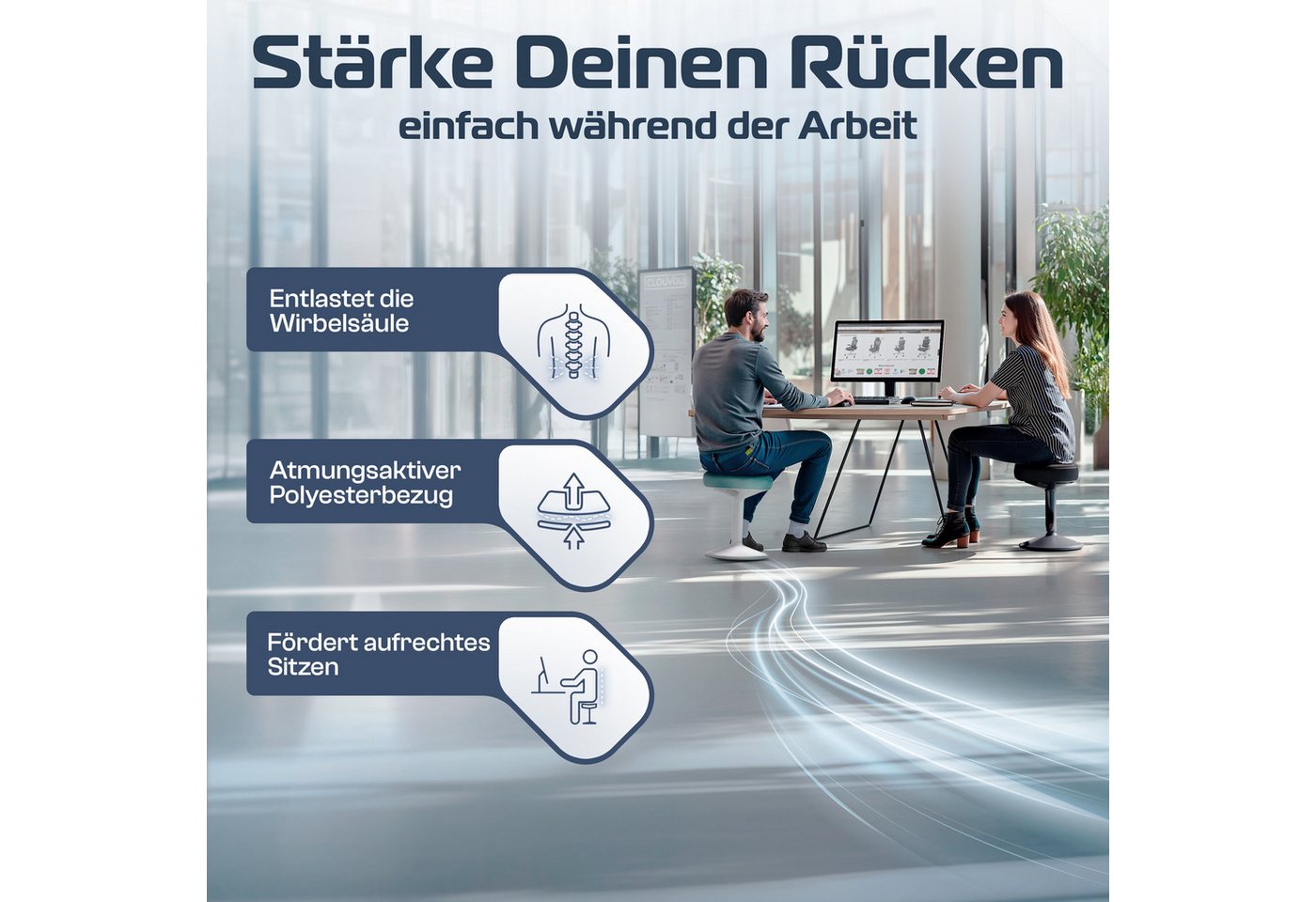 CLOUVOU Arbeitshocker Nexus Bürohocker - Ergonomischer Hocker Büro -, höhenverstellbar 47cm bis 64cm - Wackelhocker zur Stärkung des Rückens – Bild 5 von 5