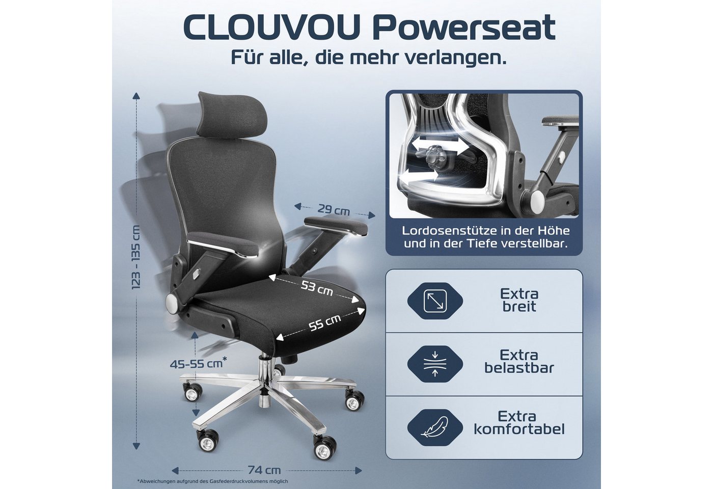 CLOUVOU Bürostuhl Ergonomisch, Schreibtischstuhl bis 150 kg (PowerSeat - Chefsessel für Arbeitszimmer, 5D Gaming Armlehnen), Blade Wheels, Homeoffice, Gaming St – Bild 2 von 5