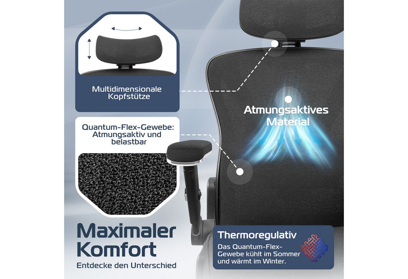 CLOUVOU Bürostuhl Ergonomisch, Schreibtischstuhl bis 150 kg (PowerSeat - Chefsessel für Arbeitszimmer, 5D Gaming Armlehnen), Blade Wheels, Homeoffice, Gaming St – Bild 3 von 5