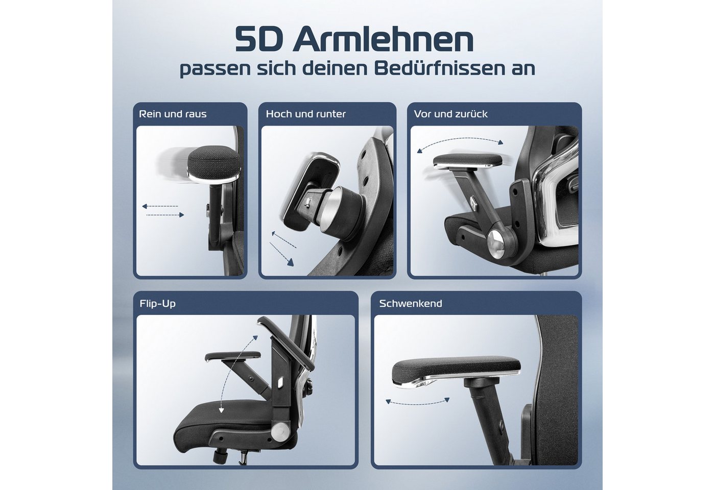CLOUVOU Bürostuhl Ergonomisch, Schreibtischstuhl bis 150 kg (PowerSeat - Chefsessel für Arbeitszimmer, 5D Gaming Armlehnen), Blade Wheels, Homeoffice, Gaming St – Bild 4 von 5