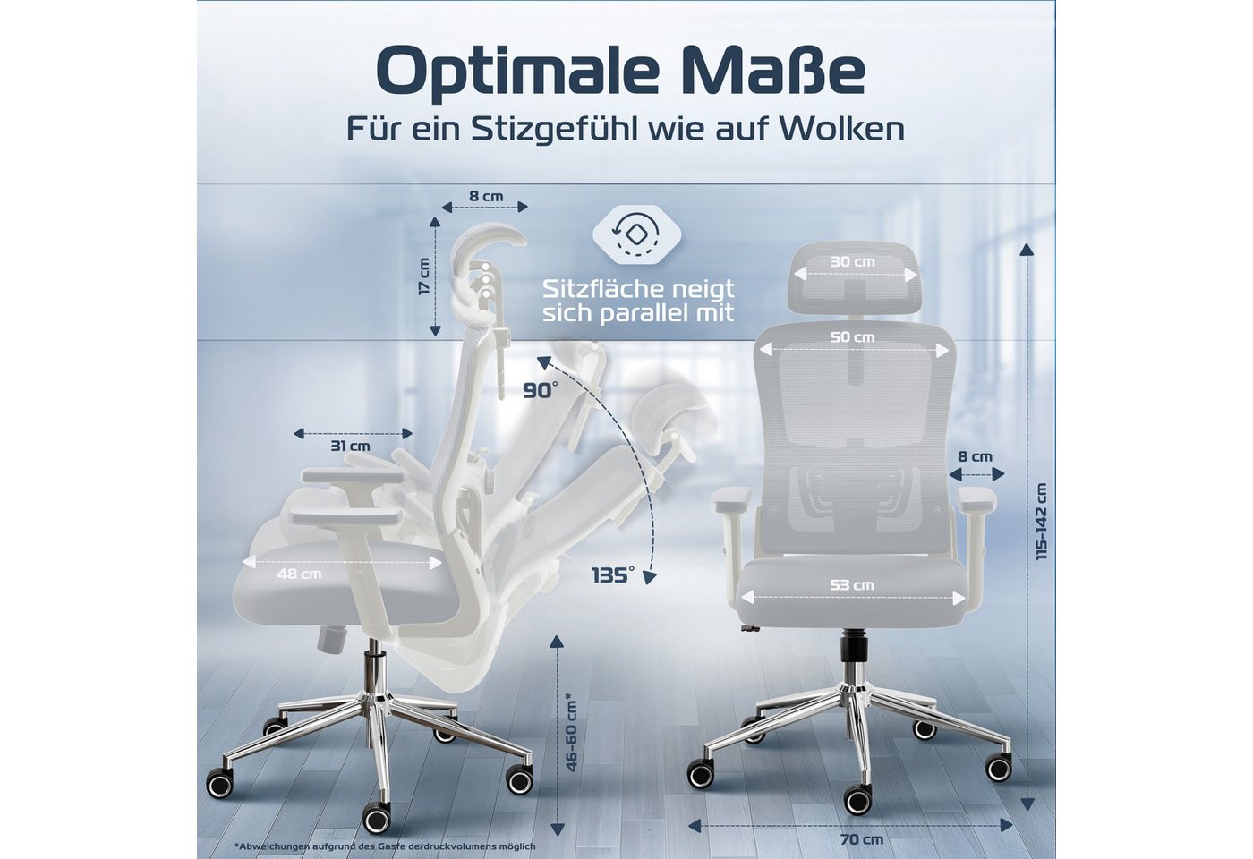 CLOUVOU Bürostuhl Ergonomisch, Schreibtischstuhl bis 150 kg (BrightSeat - Chefsessel für Arbeitszimmer, 2D Armlehne), Blade Wheels, Homeoffice, Gaming Stuhl, Dr – Bild 2 von 5
